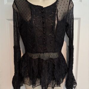 NWT Romeo + Juliet Couture Black Lace Peplum Blouse Medium Sheer Gothic Boho